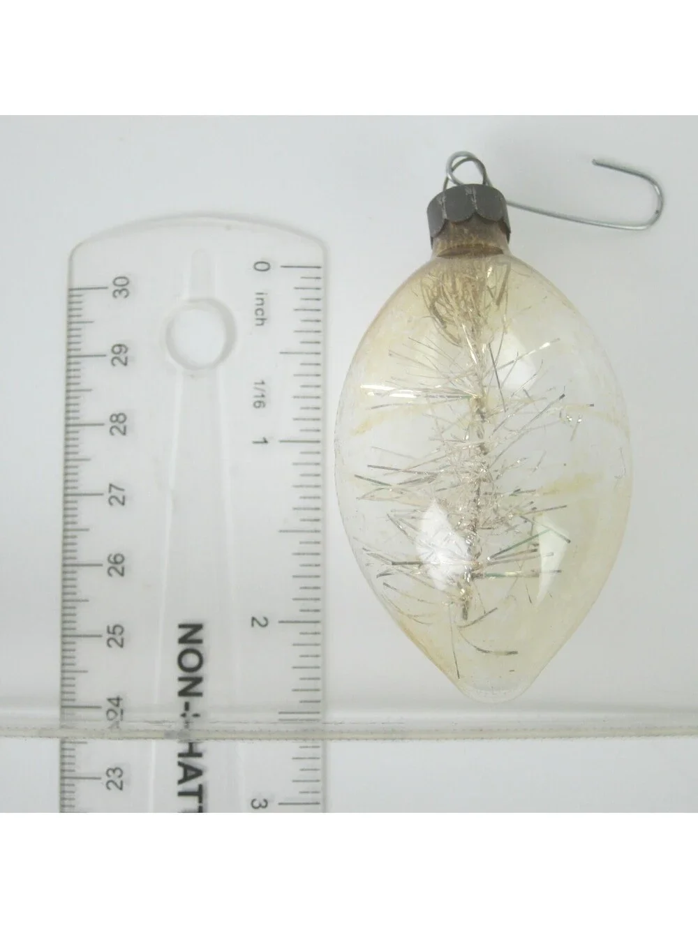 Vintage Unsilvered Glass DROP Christmas Ornament Gold Tinsel Stick 2.5